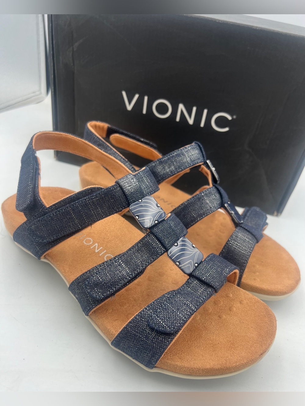 Vionic Amber Navy/Metallic Linen Comfort Velcro Sandals Women’s Size US 9 EU40